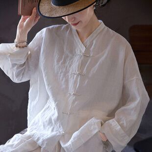 2026年夏季中式衬衫女宽松中长款衬衣复古禅意古代汉服白上衣女夏