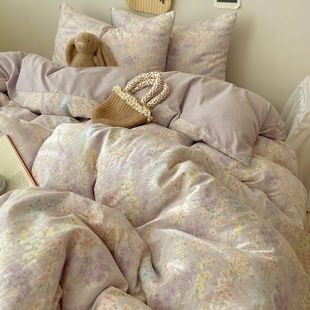 田园小清新薰衣草双层纱水洗棉被套四件套简约床单床笠宿舍三件套