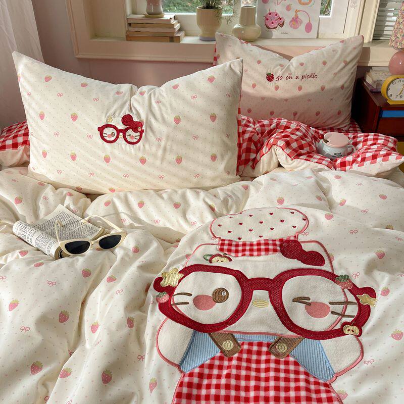 ins卡通少女心猫咪贴布绣水洗棉四件套简约床单人被套宿舍三件套