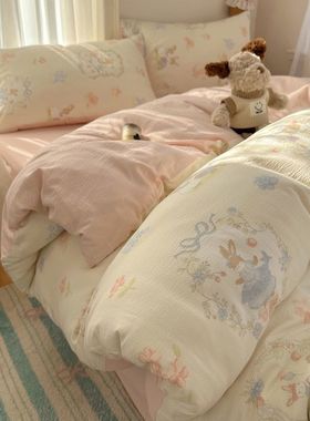 可爱卡通小兔云感双层纱四件套床单被套学生宿舍三件套韩式小清新