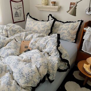 小清新水洗双层纱被套花边四件套简约床单床笠宿舍三件套 ins韩式