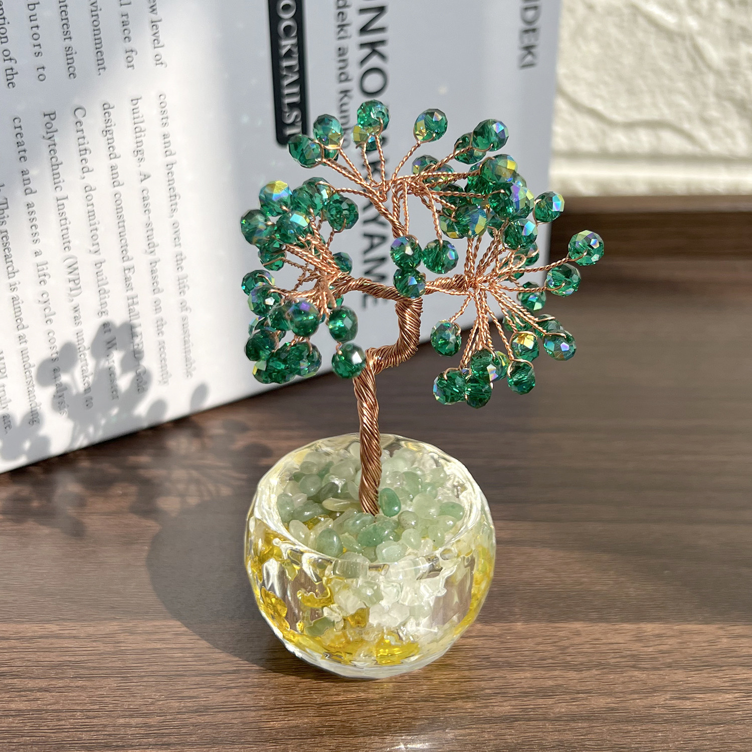 天然水晶绿手工串珠发财树桌面摆件风水装饰DIY工艺品摇钱树轻奢