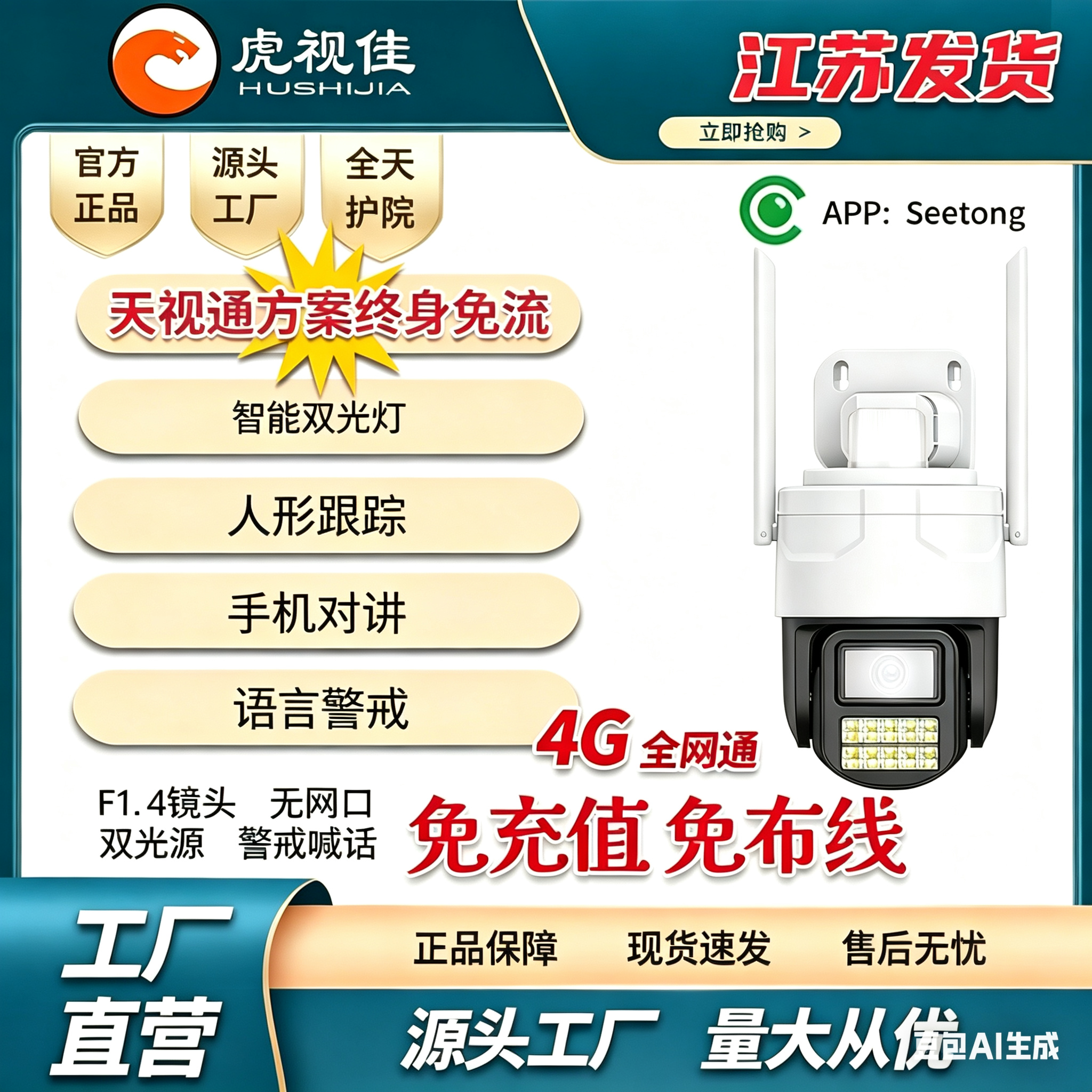 Seetong天视通方案4G免充值免流对讲警戒人形双光摄像头无网口