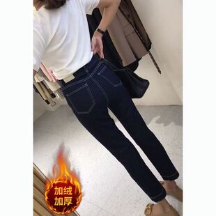 丹宁黑蓝色修身牛仔裤女复古高腰直筒烟管裤高腰显瘦九分裤子