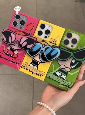 飞天小女警眼镜支架适用苹果17promax手机壳方块16/15卡通14女13简约11pro冰晶X/XR趣味7/8plus情侣创意大孔