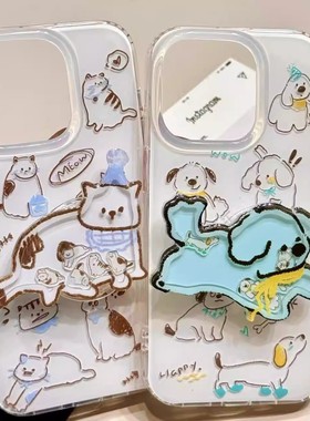 线条涂鸦小狗猫咪适用苹果17promax手机壳白色IMD16/15卡通14女13简约11pro小米X/XR趣味7/8plus情侣华为大孔
