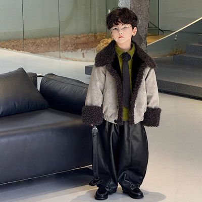 男童宝宝外套2025秋冬新款毛领加绒儿童皮衣夹克帅气潮范保暖外套