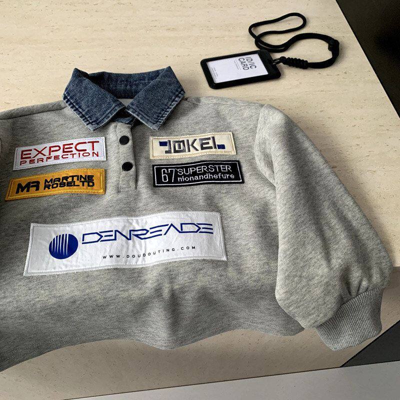 2026春季新款儿童复古赛车元素长袖POLO男童套头宽松翻领棒球卫衣