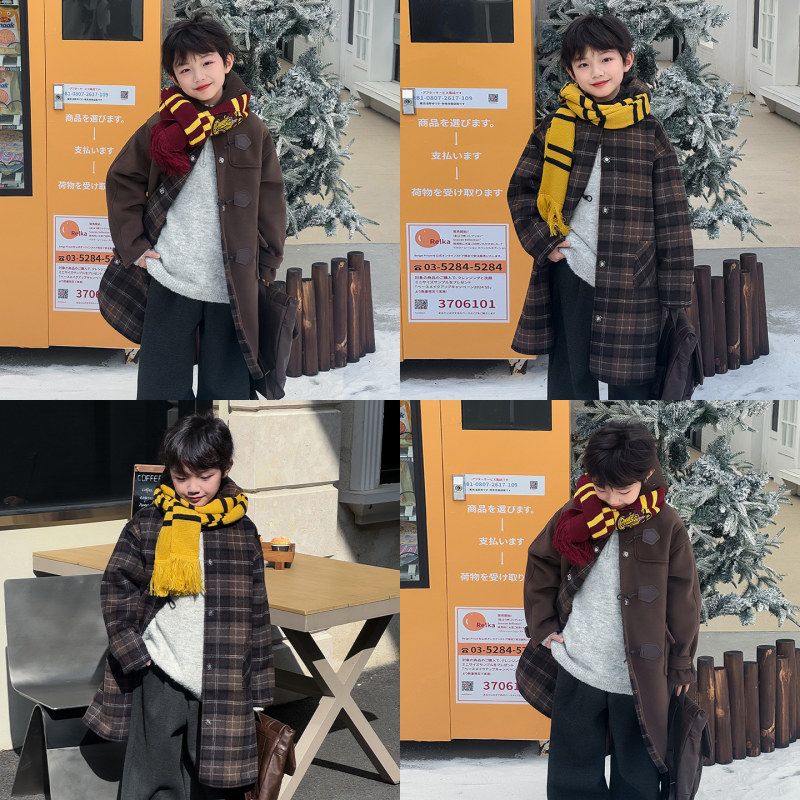 林家2025男童冬款韩版双面穿格子宝宝大衣加厚呢子连帽儿童外套潮