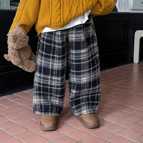 林家2025男童冬款时尚卡其格子中大童呢子裤百搭加绒加厚儿童裤子