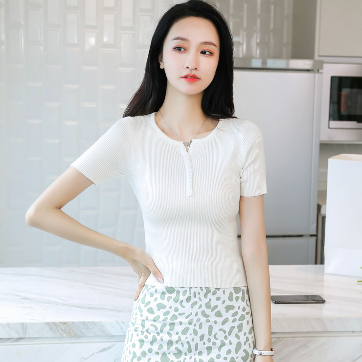春夏女新款短袖短款修身小个子冰丝针织衫薄款夏季上衣纯色t恤潮
