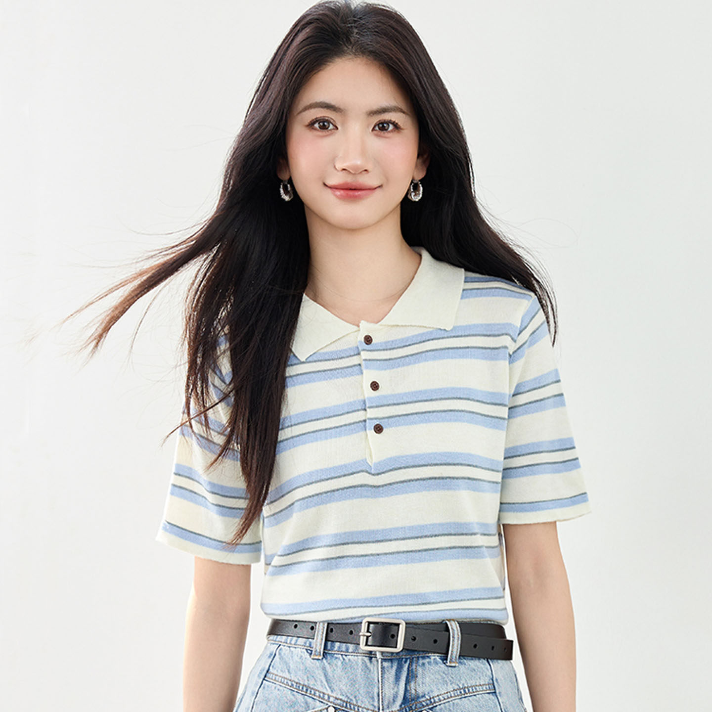 2026夏季polo半开纽扣领短袖条纹冰丝针织衫法式正肩学院风上衣女