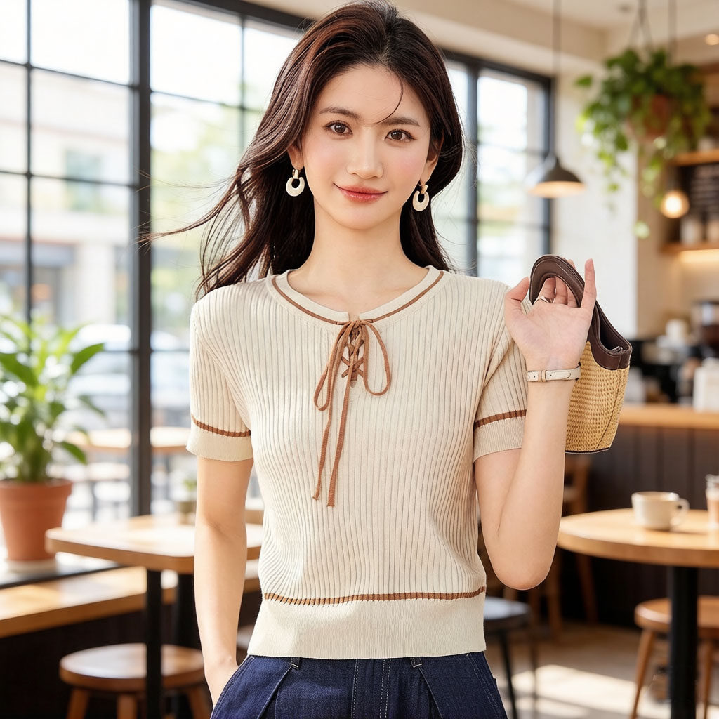 短袖T恤法式小香风系带撞色针织衫夏季气质修身显瘦洋气短款上衣