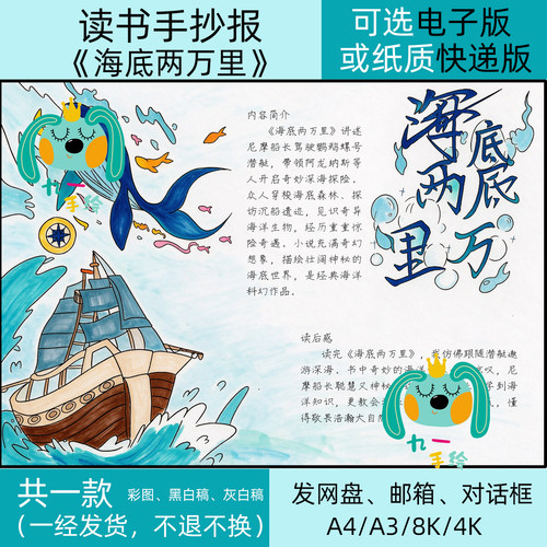 海底两万里手抄报电子版模板初中七年级必读书目好书推荐卡小报
