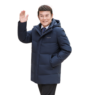 鸭鸭中老年羽绒服男士2024年冬季反季中长款连帽商务宽松爸爸装J