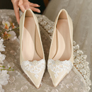 婚鞋 女2024年春季 新娘浅口细跟高跟鞋 法式 尖头单鞋 中跟手工婚纱鞋