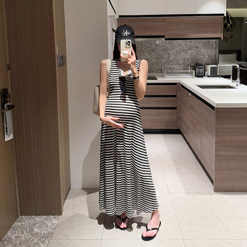 金豆豆夏修身针织弹力新款背心裙大摆A字孕妇条纹连衣裙辣妈长裙