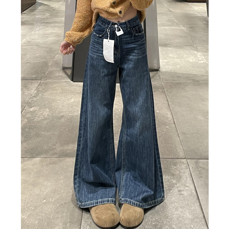高个子加长美式高腰牛仔阔腿裤女