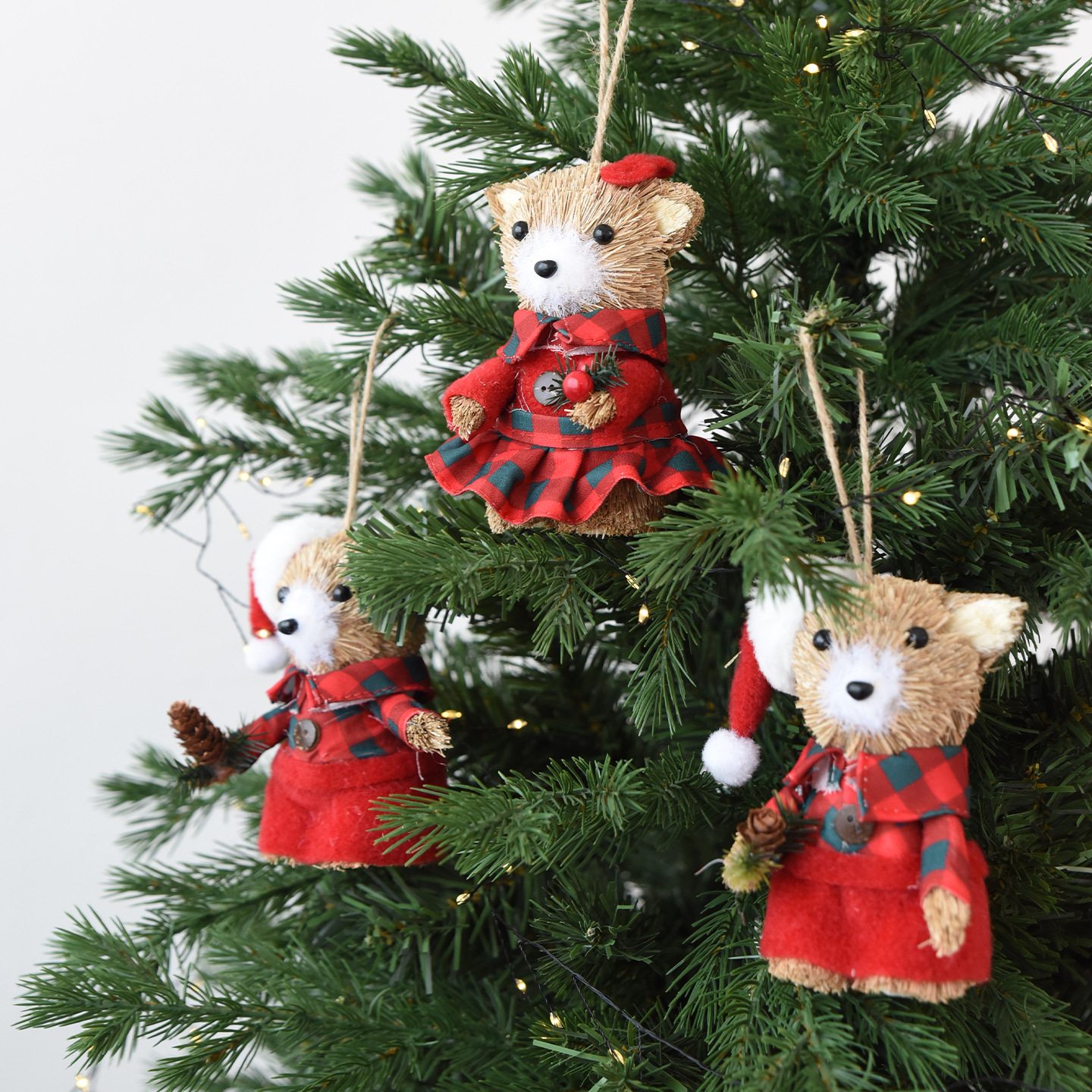 NUCHI跨境圣诞节装饰品草编小熊老人圣诞树装饰挂件桌面迷你摆件