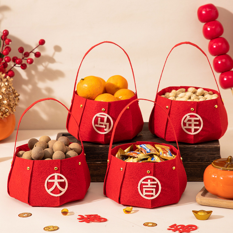 过年喜庆摆件2026马年新年手提果篮家用果盘过年客厅氛围布置用品