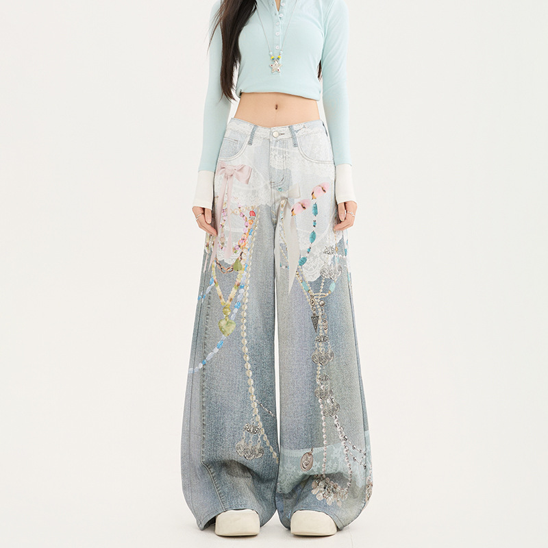 蕾丝3D印花链条图案直筒牛仔裤女2025春秋新款宽松洋气时尚