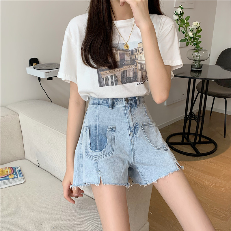 Real price Korean summer A-line thin denim slit short