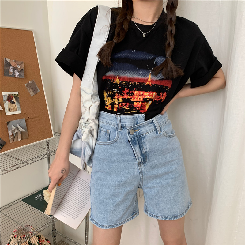 Korean summer irregular loose 5-point denim mid length pants show thin straight jeans