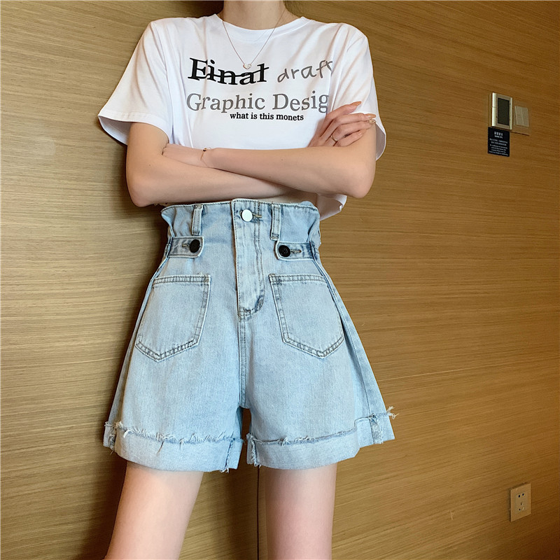 Korean button loose A-line denim shorts show thin wide leg jeans