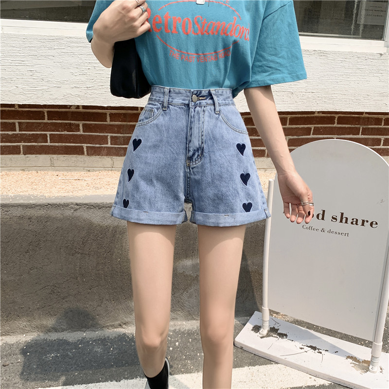 A-line high waist loose and thin love student denim shorts