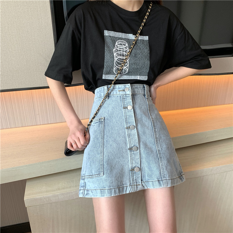 Summer high waisted denim skirt with thin breasted denim skirt