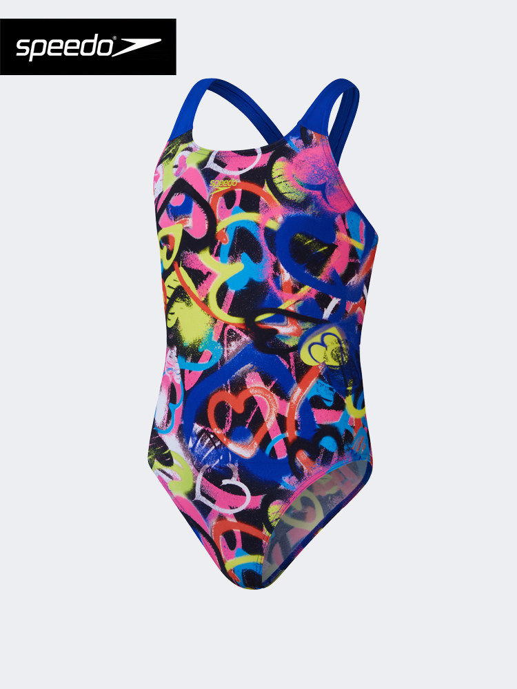 speedo速比涛儿童泳衣女孩印花抗氯速干专业运动训练三角连体泳装
