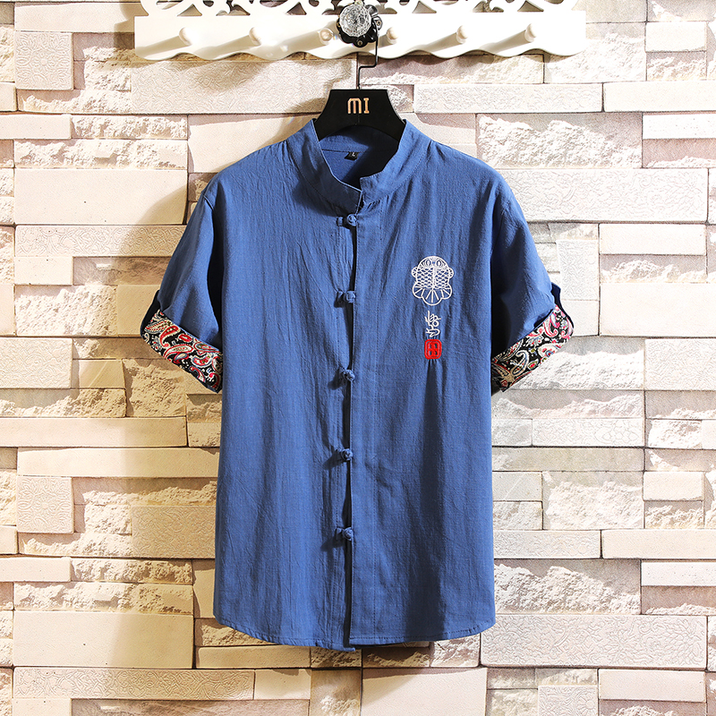 夏季亚麻五分袖男士衬衫盘扣刺绣衬衣男风钱塘2026-7068，男装衬衫，星座1512