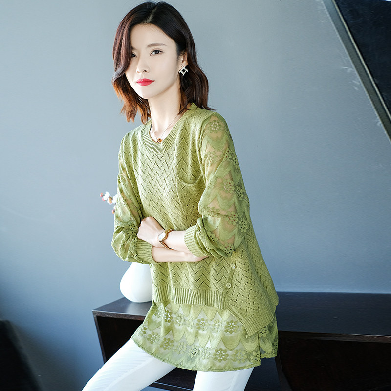 早秋款2022年新款女装春秋中长款长袖遮肚子上衣雪纺衫蕾丝打底衫