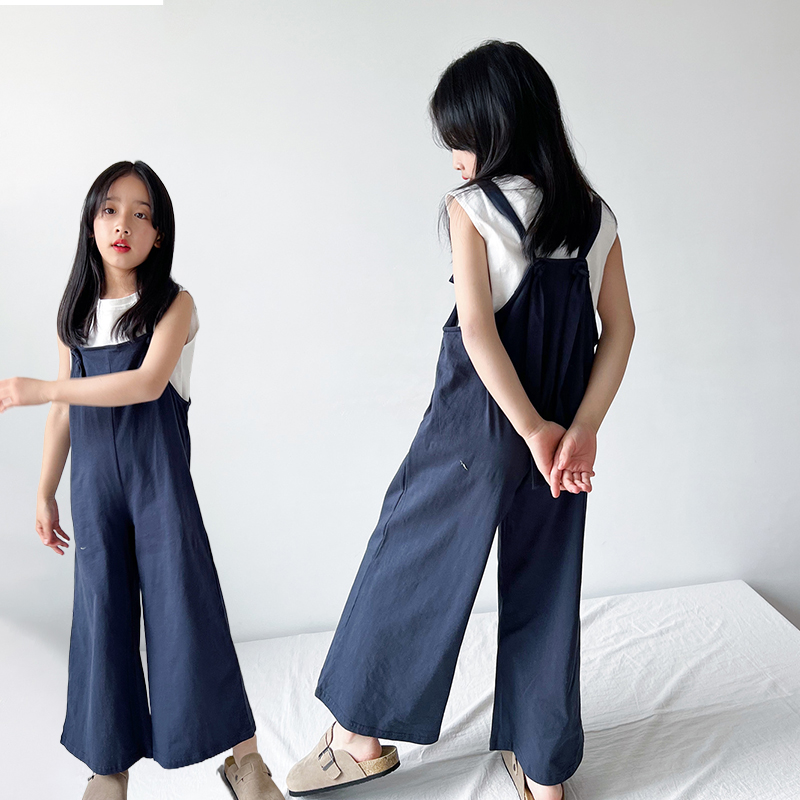 女童阔腿裤2025新款套装中大童纯棉休闲两件套小个子百搭背带长裤