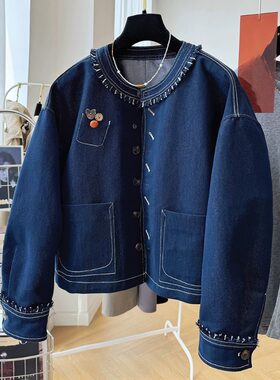 小香风女童短款牛仔外套撞色