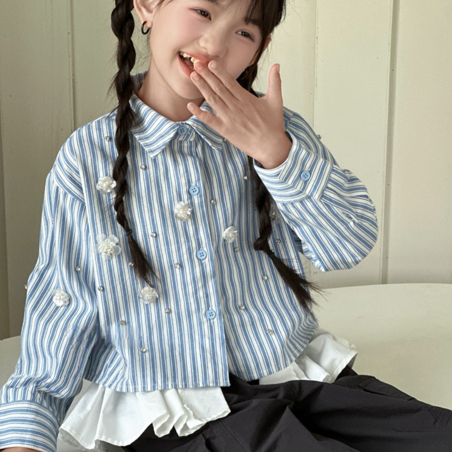 女童蓝色条纹衬衫衬衣上衣长袖儿童装秋季新款外套内搭宽松学生潮