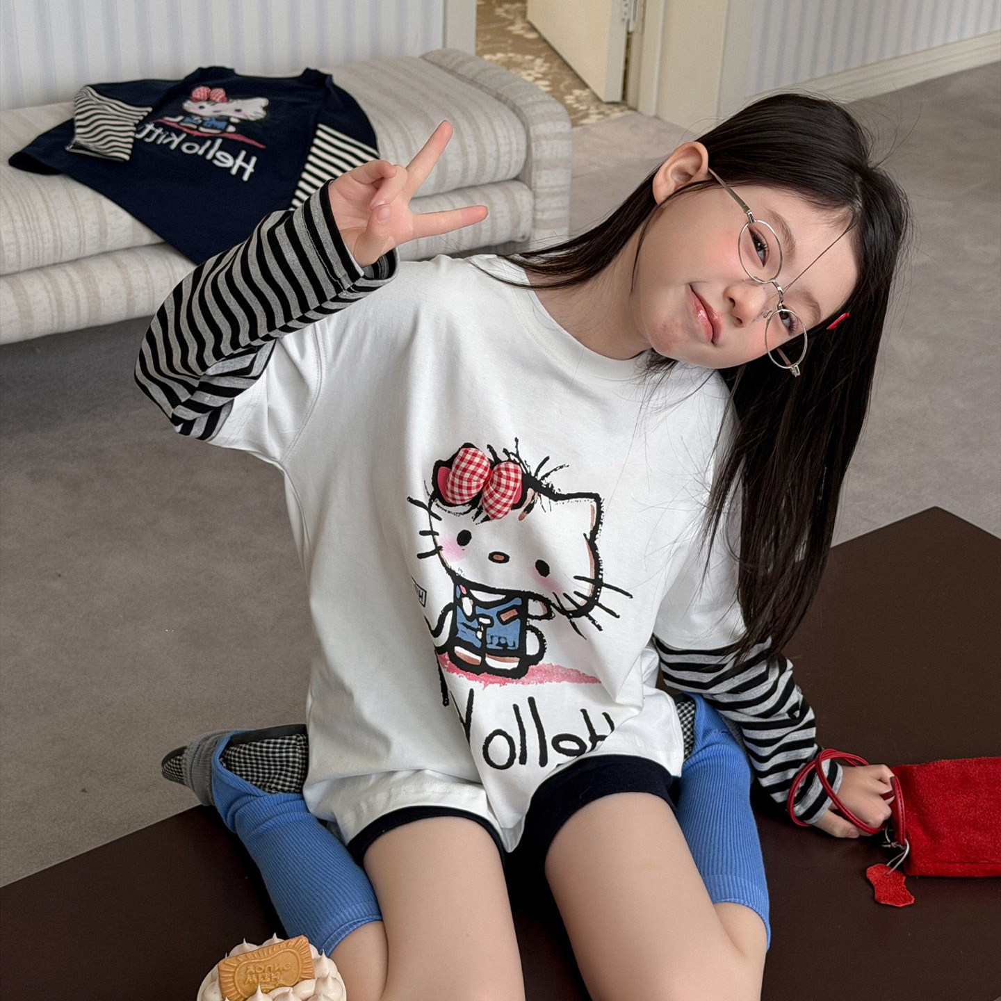 KT卡通印花假两件长袖T恤2026春新款女童圆领条纹拼接宽松型上衣,童装/婴儿装/亲子装,T恤,淘宝优惠券,粉丝福利购,淘宝优惠卷