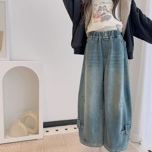 男女儿童加绒工装牛仔裤韩版设计感一体绒童装秋冬直筒宽松百搭潮