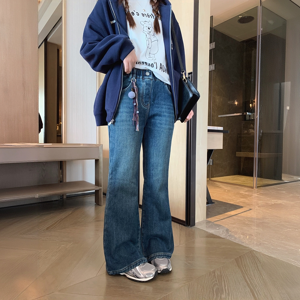 女大童一体绒牛仔裤亲子微喇叭裤