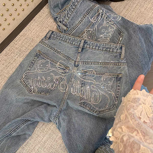 【钻石猫咪牛仔裤】女童甜酷直筒牛仔裤2025秋季新小个子阔腿长裤