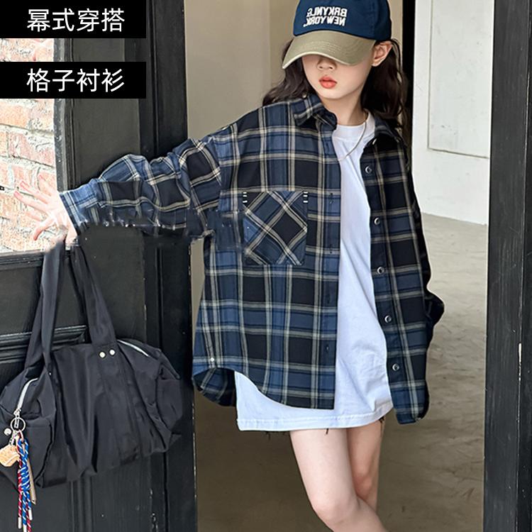 韩国童装女童格子衬衫秋款大儿童外套洋气衬衣学院风男童长袖上衣