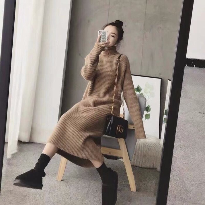 Autumn / winter 2019 new Korean version of INS net red loose bottoming medium length high neck over knee Pullover thickened wool dress