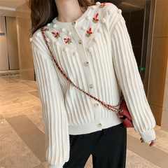 短款針織開衫秋冬新款小清新甜美花朵刺繡寬鬆圓領長袖毛衣女外套