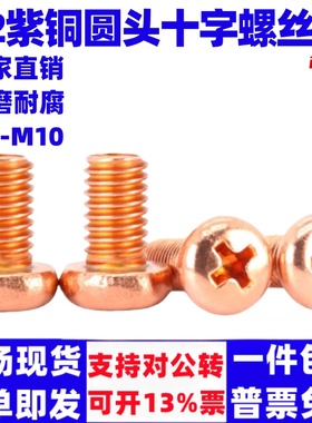 百钢T2紫铜圆头十字螺丝导电红铜818圆机螺丝紫铜圆机M2M3M4M5M6M