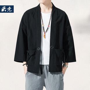 中国风亚麻外套汉服男古装和服宽松棉麻复古风唐装道袍道服潮秋季