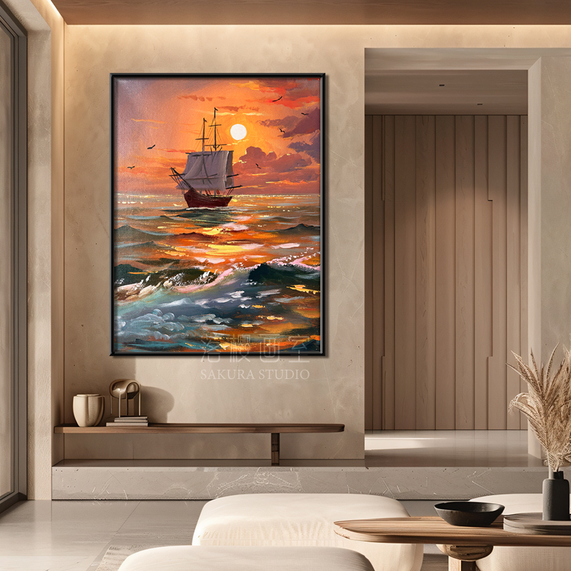 玄关一帆风顺纯手绘丙烯画客厅海上夕阳风景挂画艺术帆船装饰壁画图片