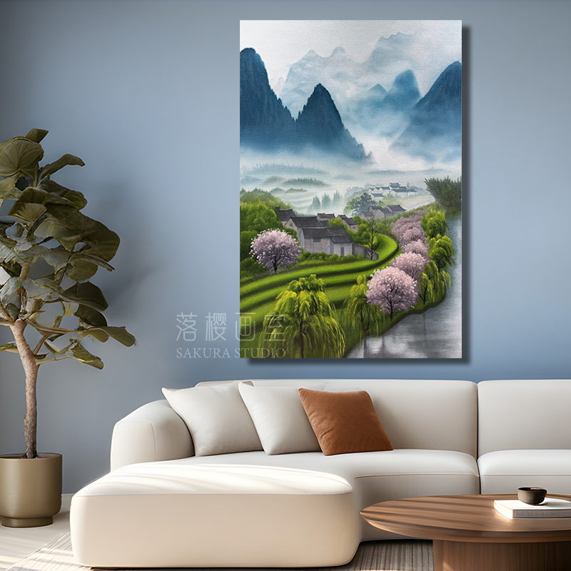 中国风江南水乡纯手绘油画丙烯画田园风景客厅玄关装饰画走廊挂画图片