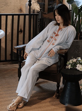 LNParty 中式国风睡衣套装春夏薄纯棉双层纱布甜美可外穿家居服