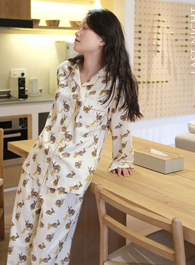 LNParty 金草兔子印花长袖家居服舒适纯棉磨毛居家睡衣睡裤套装