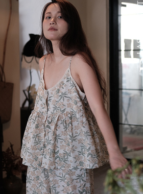 LNParty 睡衣女短袖长裤小清新花卉棉套装宽松吊带可外穿家居服